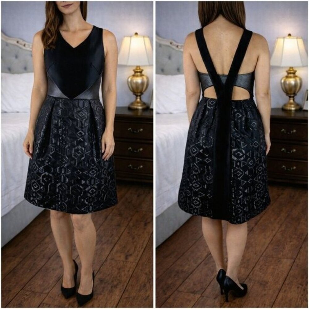 NWT Theia Black Printed A-Line Cocktail Dress $650